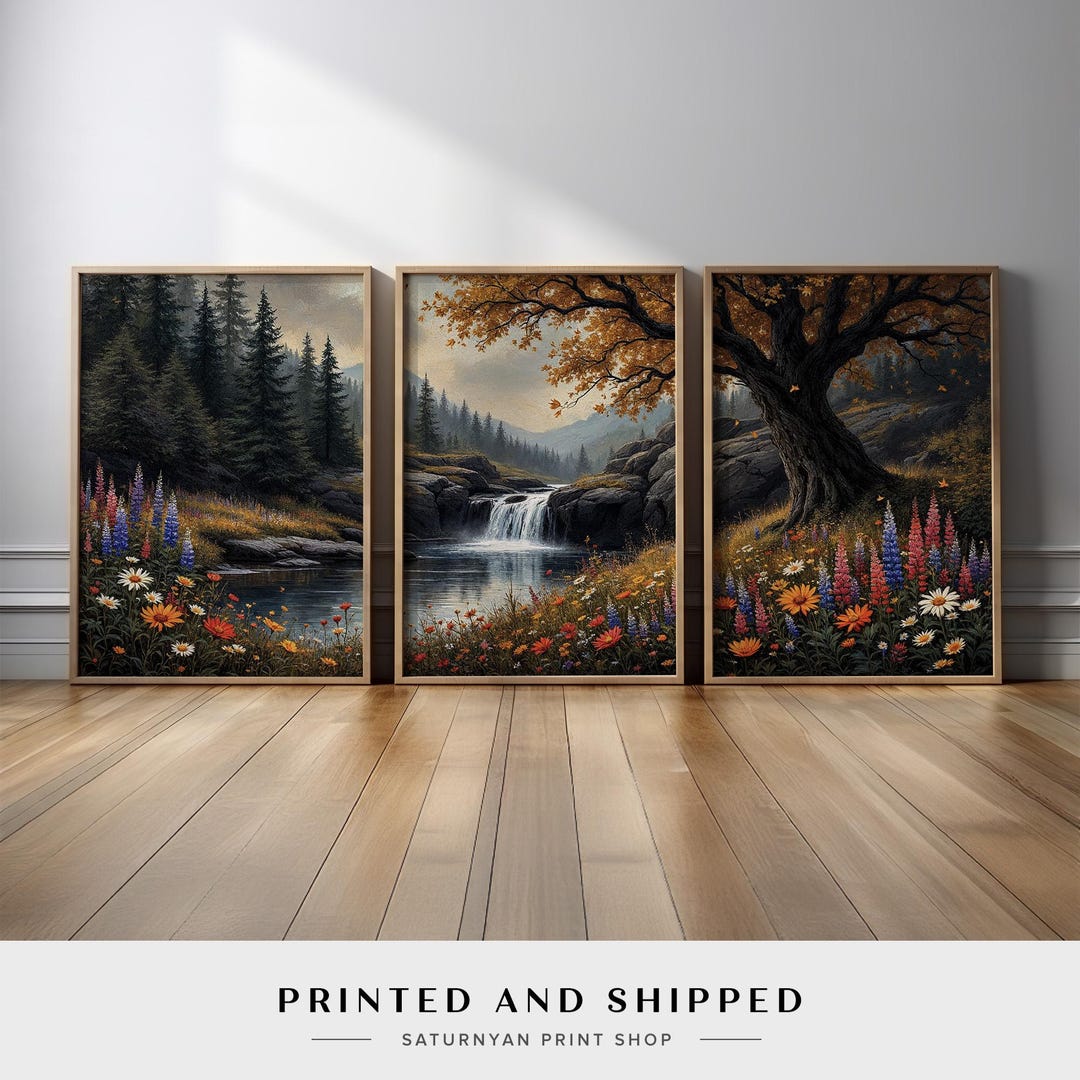 Autumn Forest Waterfall Triptych Wall Art | Wildflower Meadow and Pine ...