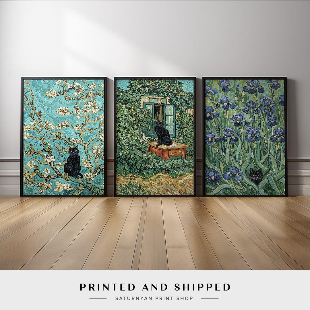 Vintage Style Black Cat Wall Art Set of 3 | Floral Garden Cat Botanical ...