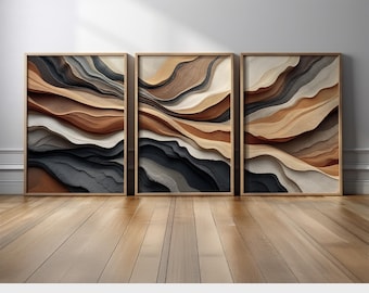 Rustic Earth Tone Wall Art Set | Beige, Charcoal Black, Cream, and Brown Canyon Abstract Canvas Prints | Modern Boho Neutral Home Decor