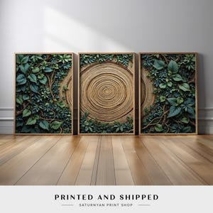Nature Wall Art Triptych with Tree Rings and Vines | Rustic Botanical Canvas Prints | Forest-Inspired Wall Decor for Living Room or Office