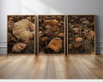 Dried Lotus Pond Wall Art Set of 3 | Rustic Brown Botanical Nature Triptych with Withered Lotus Leaves and Stems | Earthy Vintage Prints