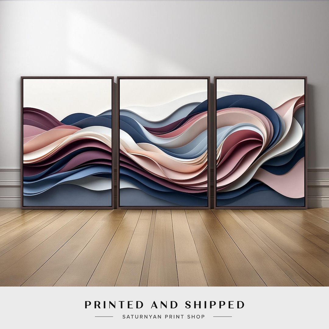 Modern Abstract Wall Art Set of 3 | Blush Pink Burgundy Navy Wave Blue ...