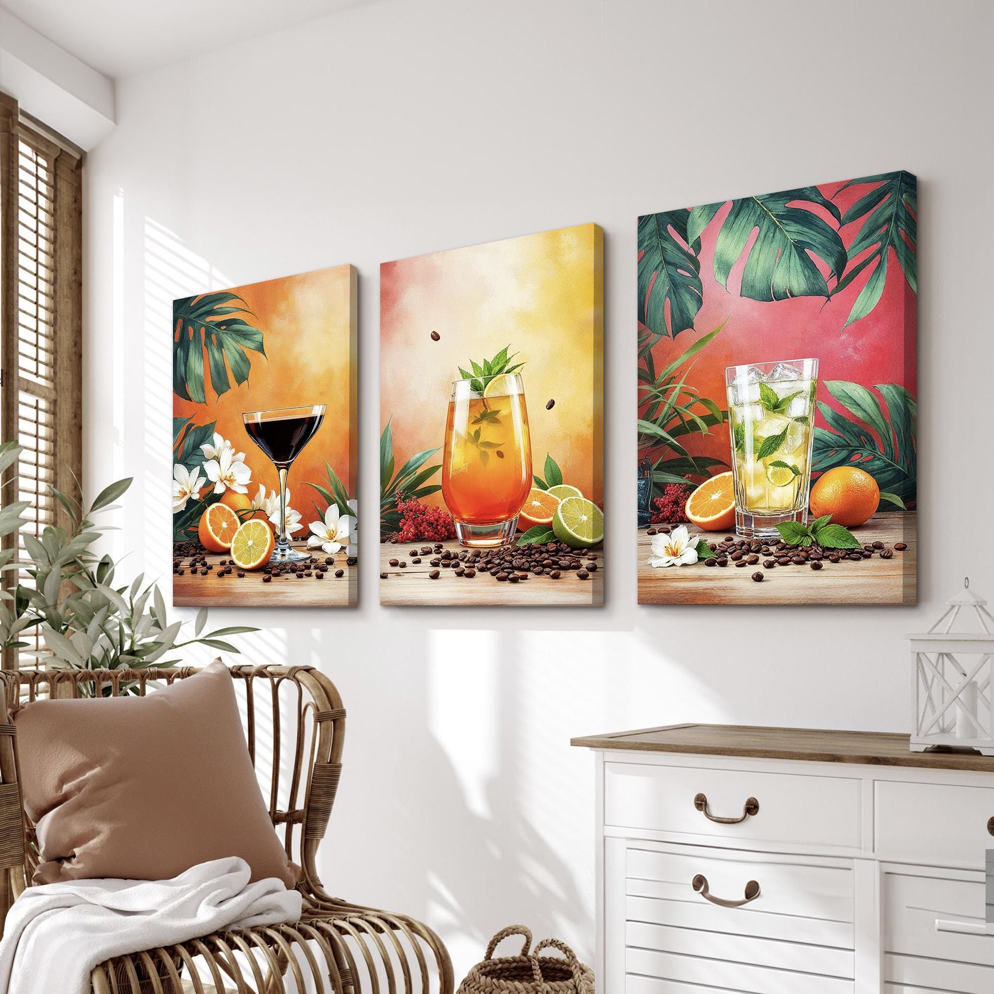 Tropical Cocktail Wall Art Set of 3 | Vibrant Fruit and Drink