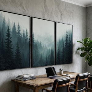 Moody Forest Wall Art | Set of 3 Misty Pine Tree Canvas Prints | Dark Green and Gray Tones for Modern Home Decor | Nature-Inspired Spaces