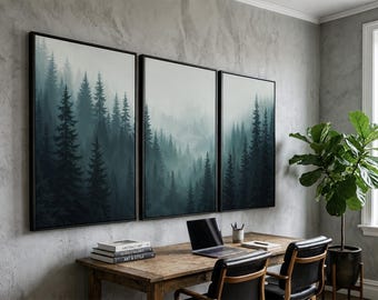 Moody Forest Wall Art | Set of 3 Misty Pine Tree Canvas Prints | Dark Green and Gray Tones for Modern Home Decor | Nature-Inspired Spaces