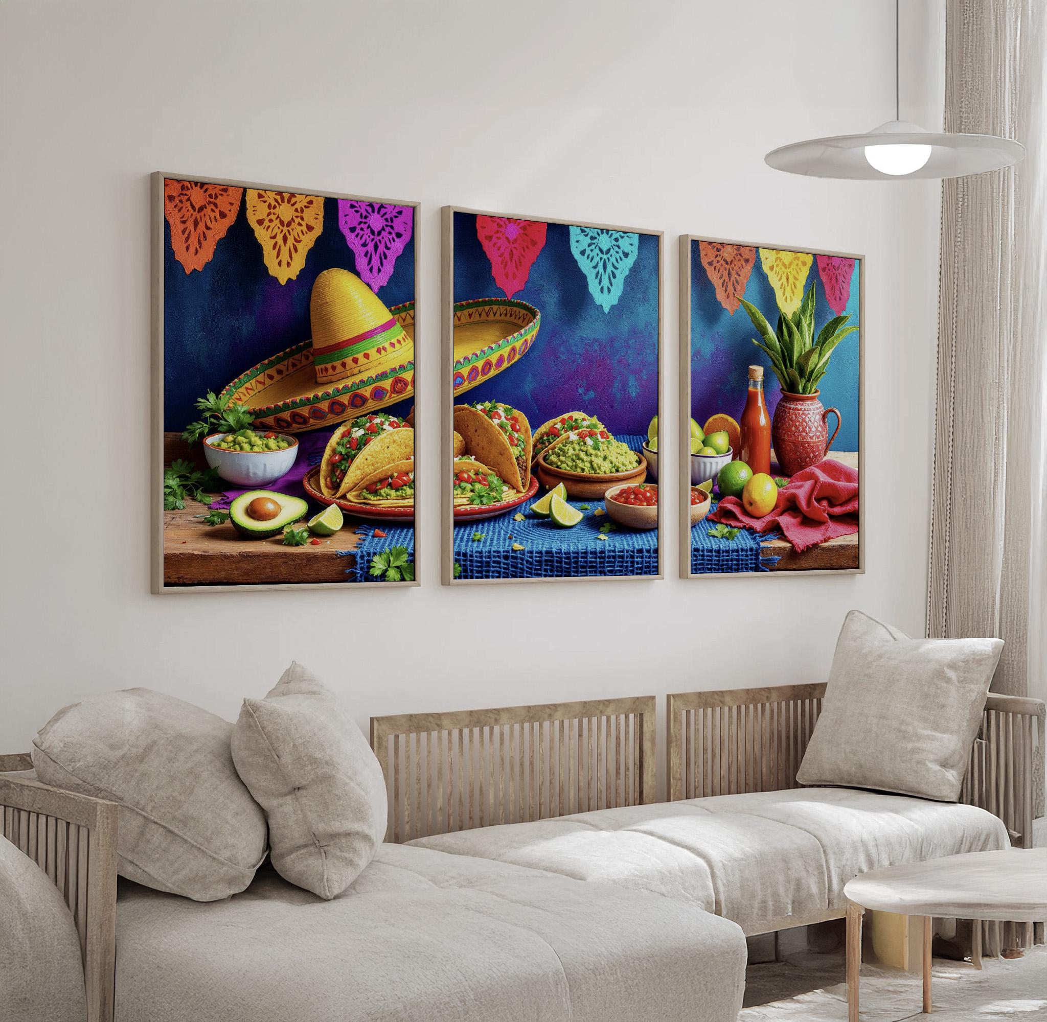 Fiesta Kitchen Wall Art Set | 3-piece Canvas With Authentic Mexican ...