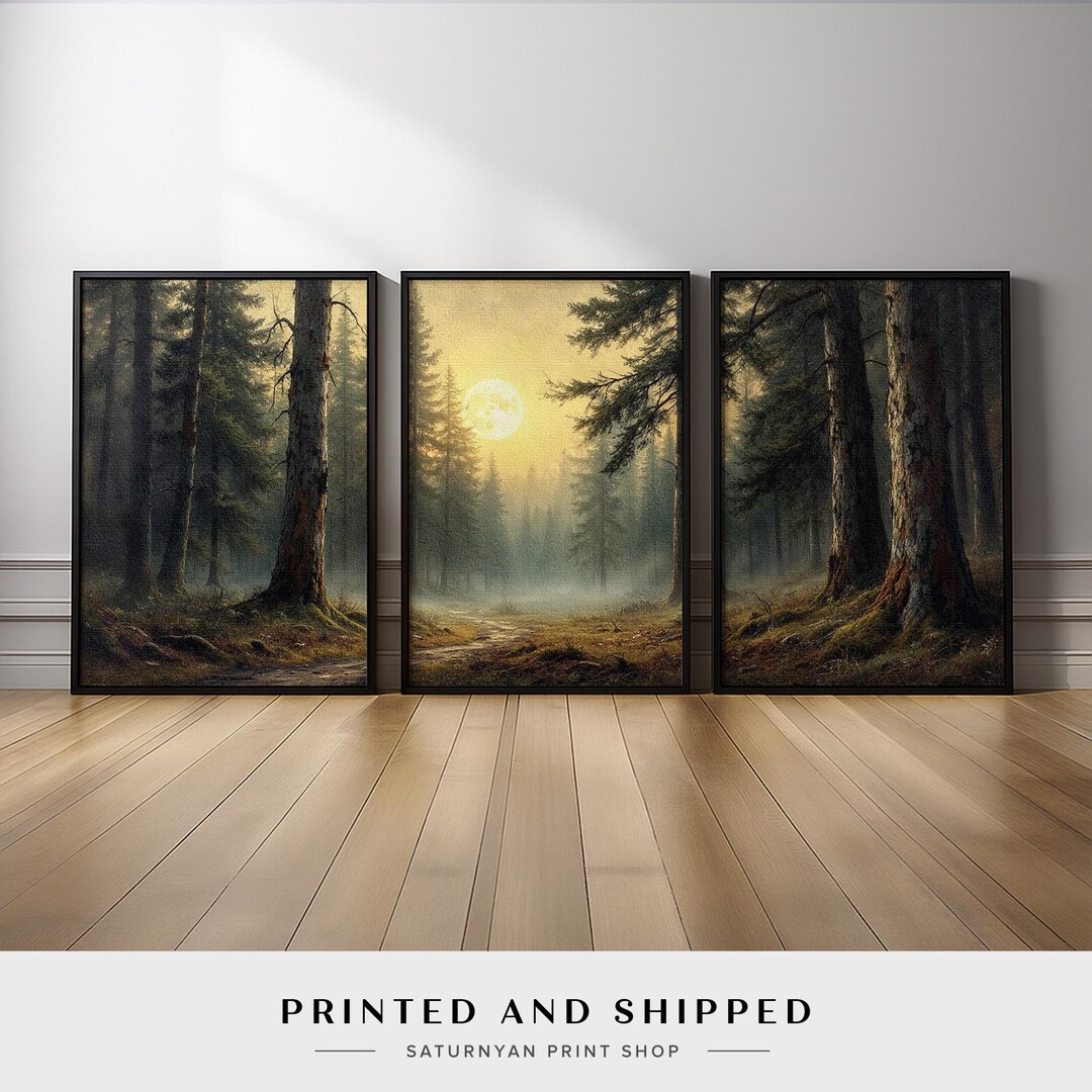 Forest Landscape Wall Art Set of 3 | Moonlight Pine Trees Canvas Prints ...