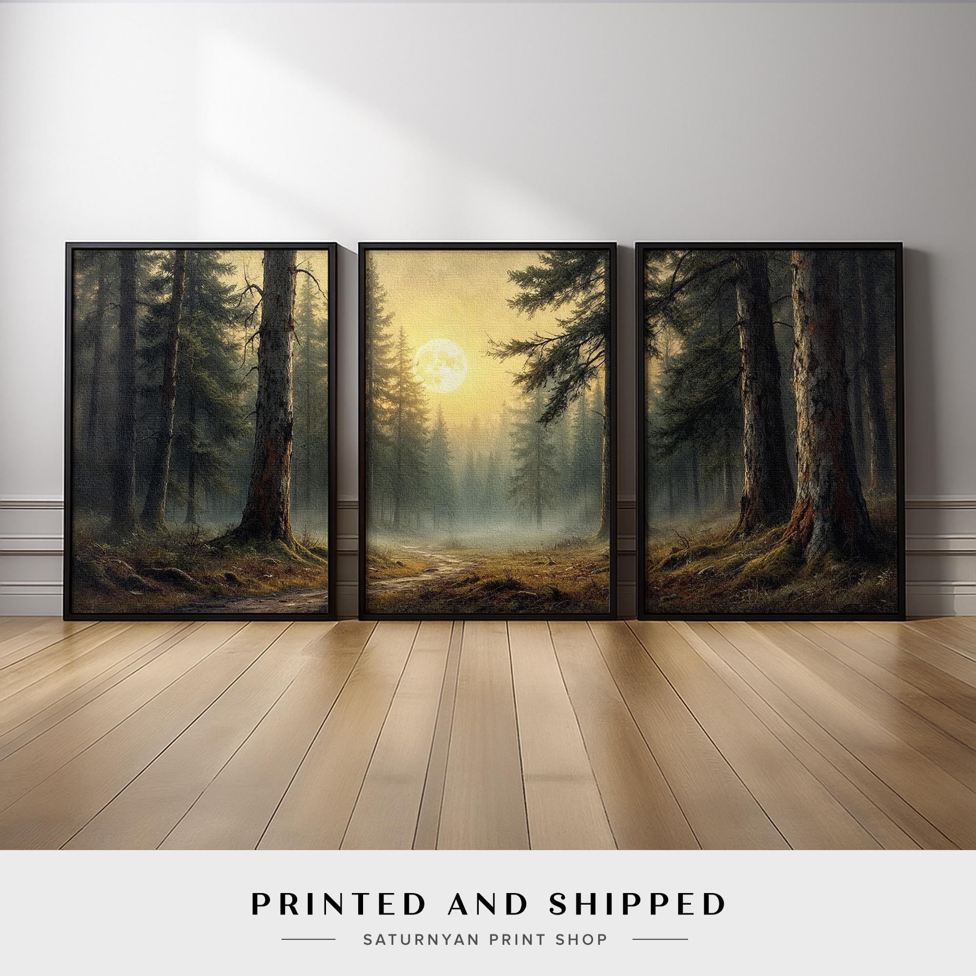 Forest Landscape Wall Art Set of 3 | Moonlight Pine Trees Canvas Prints ...