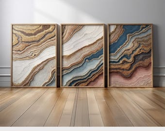 Abstract Wall Art Set of 3 | Beige, Blue, and Brown Triptych Canvas Prints with Geological Marble Layer Patterns for Wabi Sabi Decor