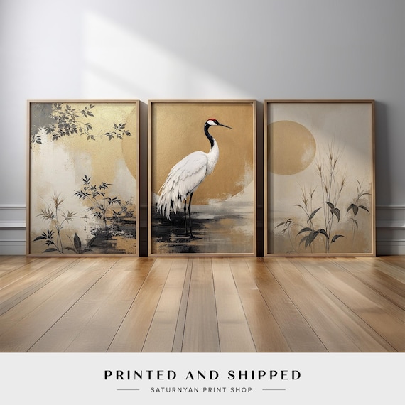 Elegant Crane Wall Art Set of 3 | Minimalist Japanese Style in Beige Gold and White Heron with Bamboo and Sun for Modern Home Decor