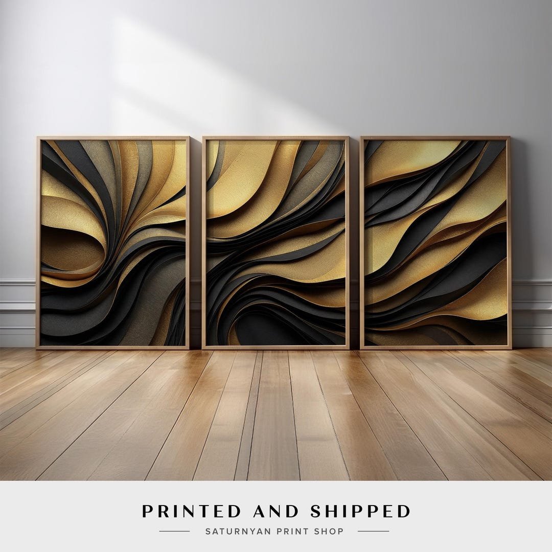 Black and Gold Abstract Wall Art Set of 3, Luxury Wave Pattern Prints ...