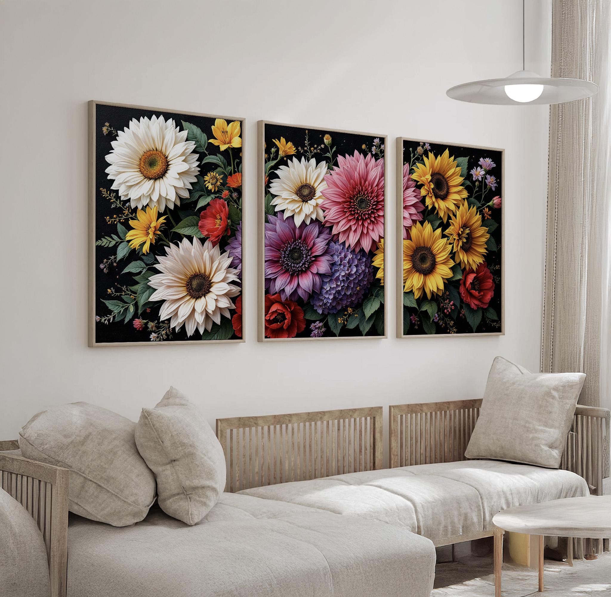 Floral Wall Art Set of 3 | Sunflower Daisy Dahlia and Rose Botanical ...