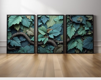 3 Piece Botanical Leaf Canvas Wall Art | Green Teal Nature Print with Branch Decor | Earthy Boho Jungle Decor for Bedroom or Living Room