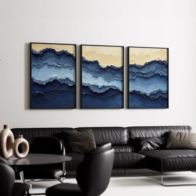 Ocean Layered Abstract Wall Art Set of 3 | Navy, Beige & Sky Blue ...