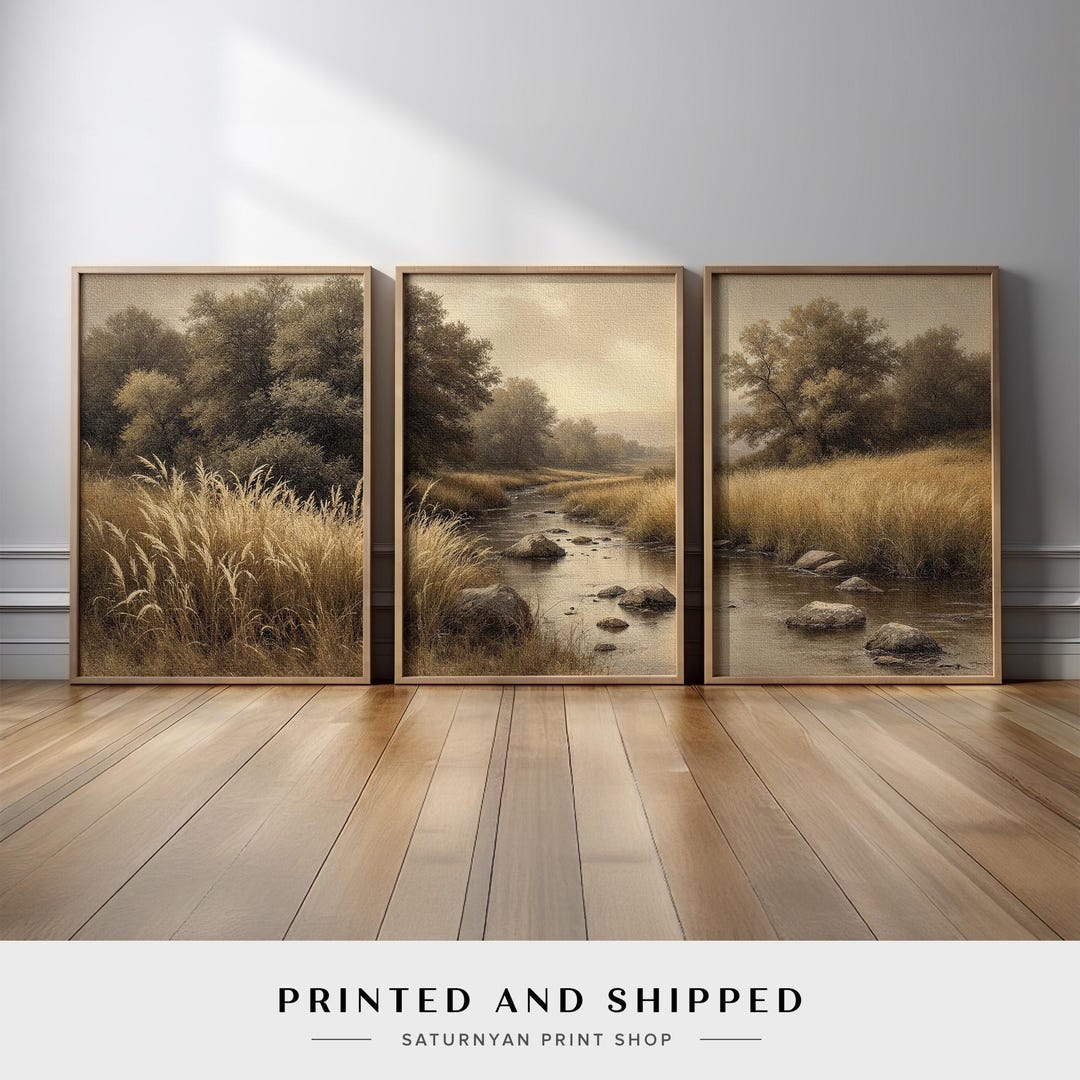 Rustic Countryside Wall Art Set of 3 | Vintage Creek Landscape Canvas ...