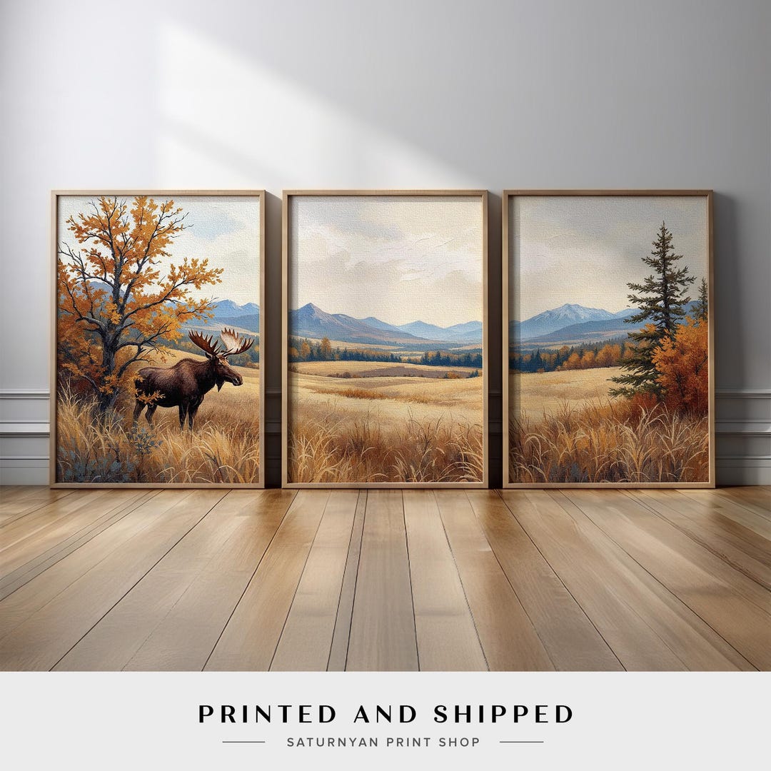 Rustic Wildlife Wall Art Triptych | Majestic Moose in Autumn Meadow ...