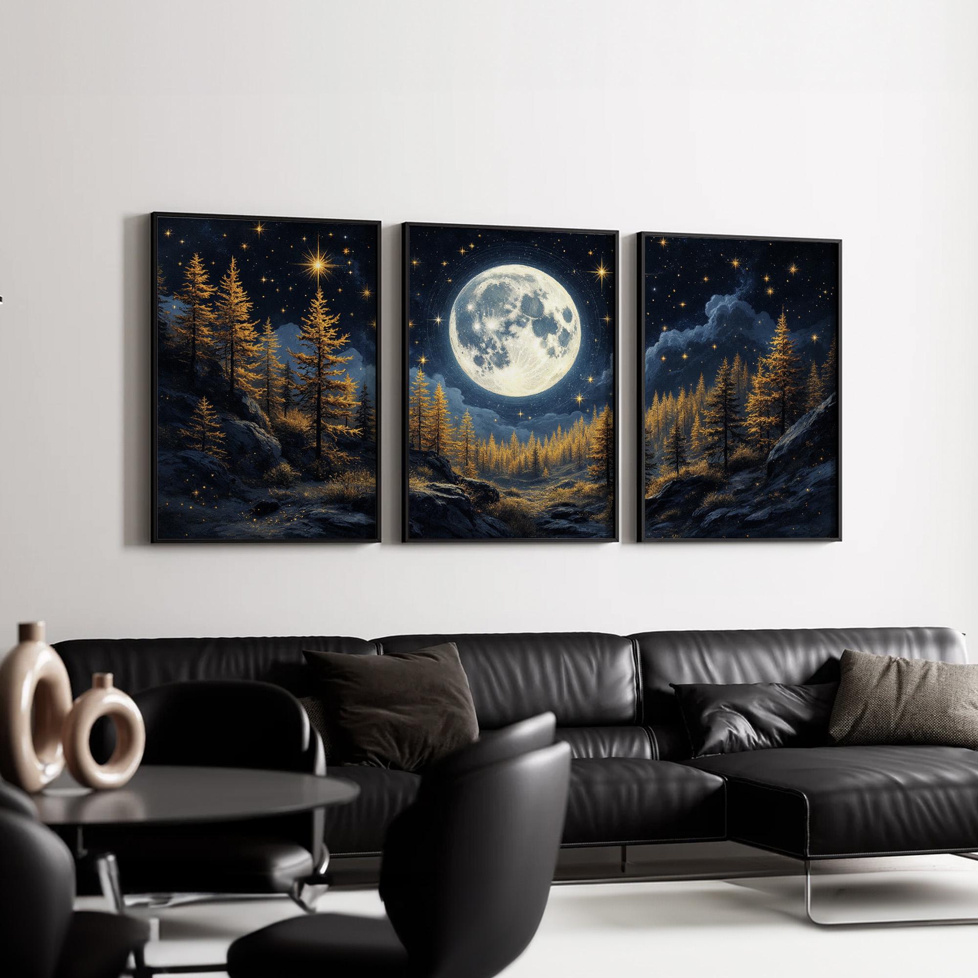 Moonlit Forest Wall Art Set of 3 | Full Moon Over Golden Pine Trees and ...