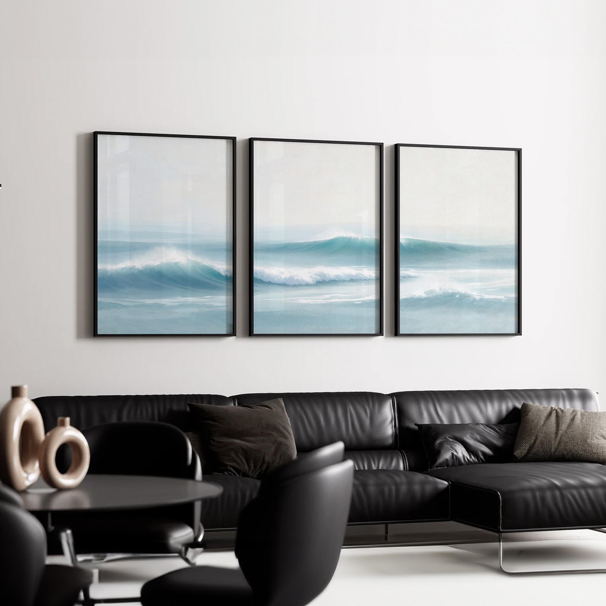 Blue Sea Wave Canvas Wall Art Set of 3 | Tranquil Ocean Triptych With ...
