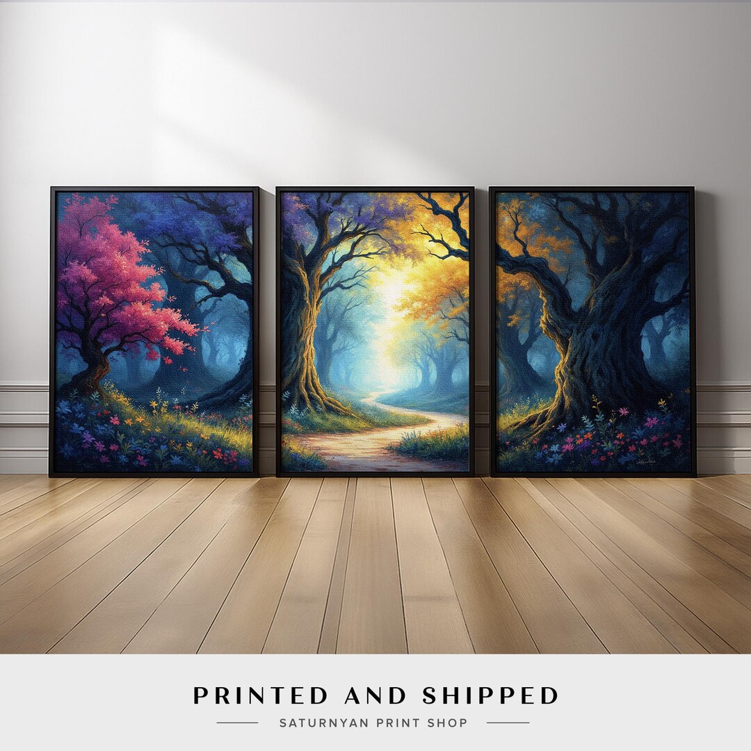 Enchanted Forest Wall Art Set of 3 | Colorful Magical Woodland Canvas ...