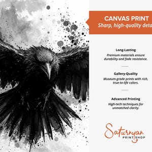 Raven Wall Art Set of 3 | Black and White Ink Splash Canvas Prints with Crow Wings Spread | Gothic Abstract Triptych for Modern Decor image 6
