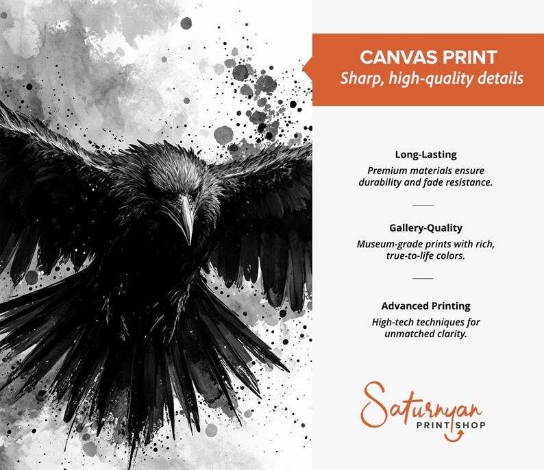 Raven Wall Art Set of 3 | Black and White Ink Splash Canvas Prints with Crow Wings Spread | Gothic Abstract Triptych for Modern Decor image 6