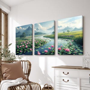 Lotus Pond Wall Art Set of 3 | Tranquil Water Lily Canvas Prints With ...