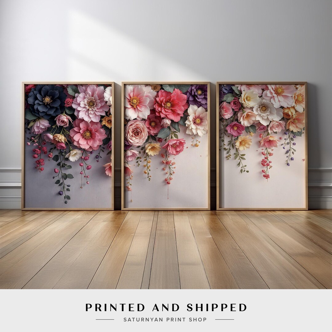 Elegant Floral Triptych Wall Art | Modern Cascading Flowers in Pink ...
