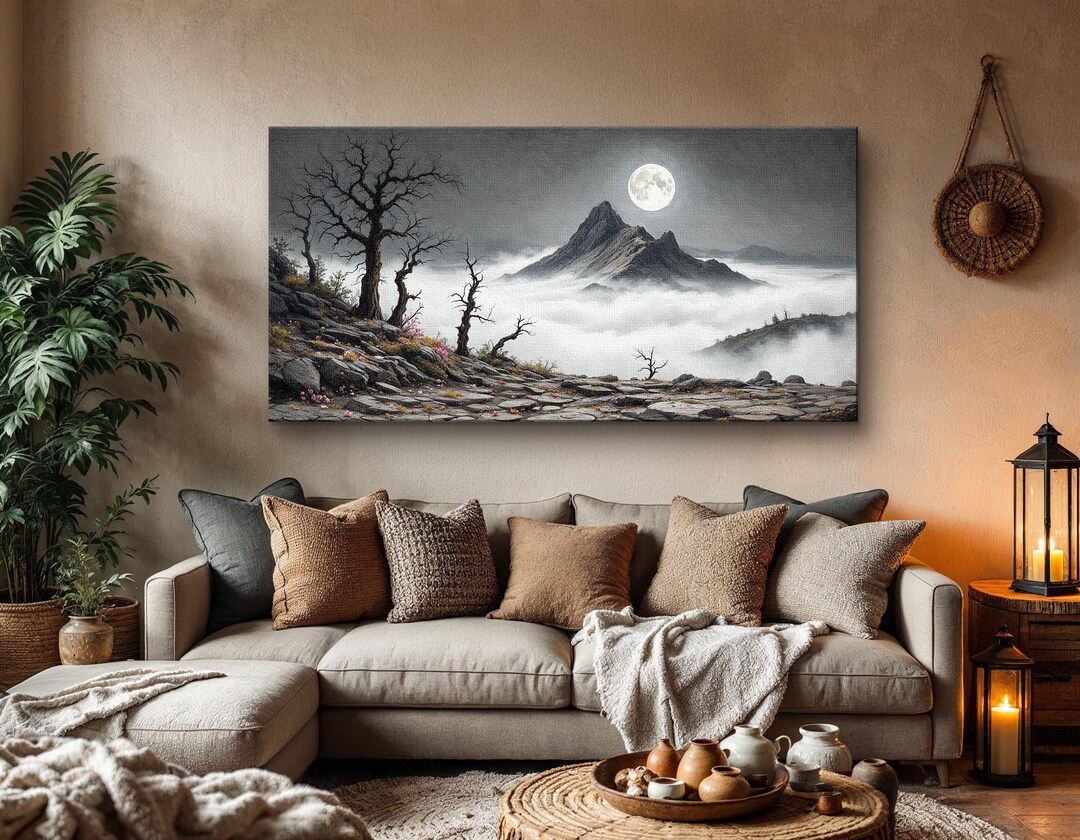 Mystical Mountain Landscape Wall Art, Full Moon Over Foggy Peaks Canvas ...