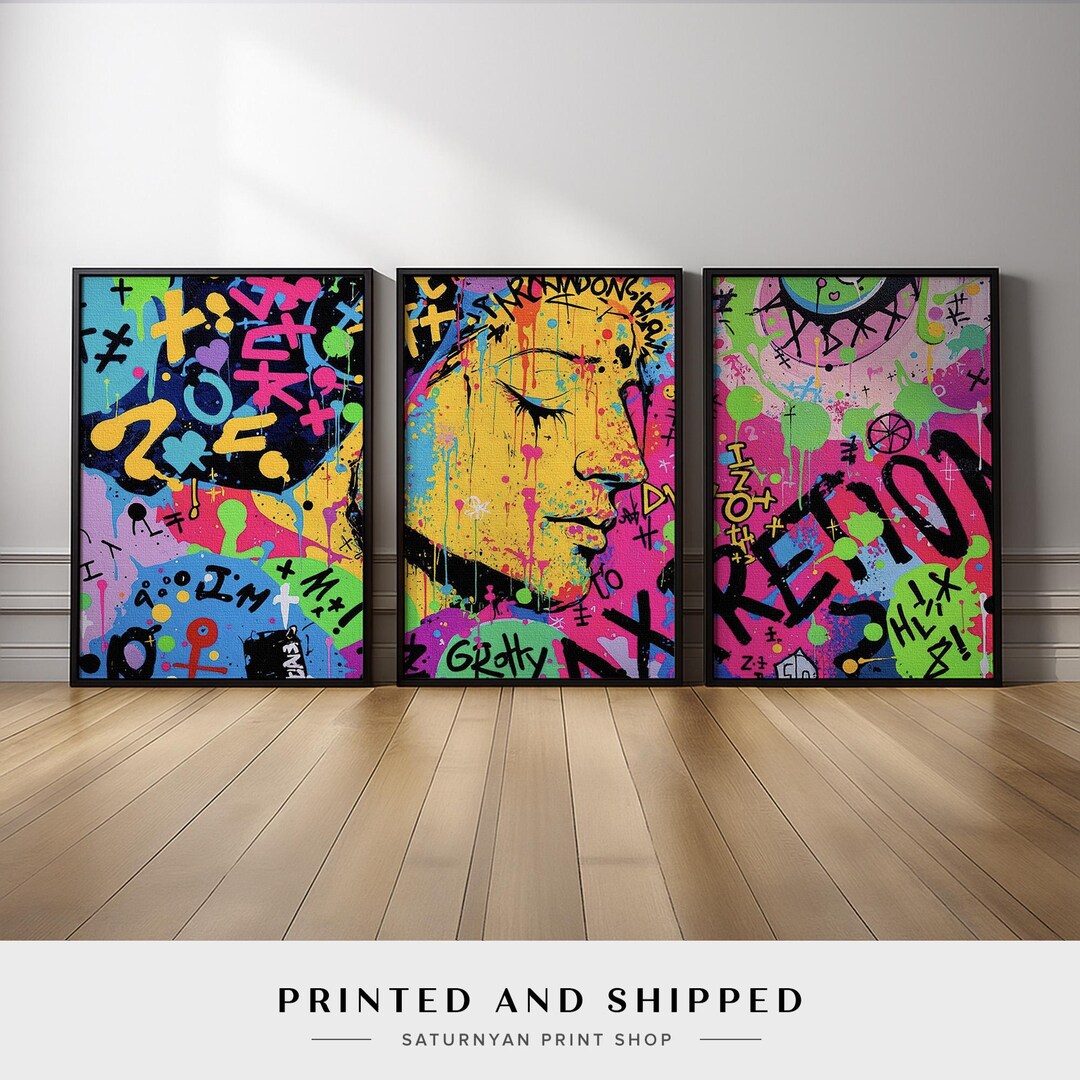 Graffiti Wall Art Set of 3 | Colorful Street Art Abstract Face Canvas ...