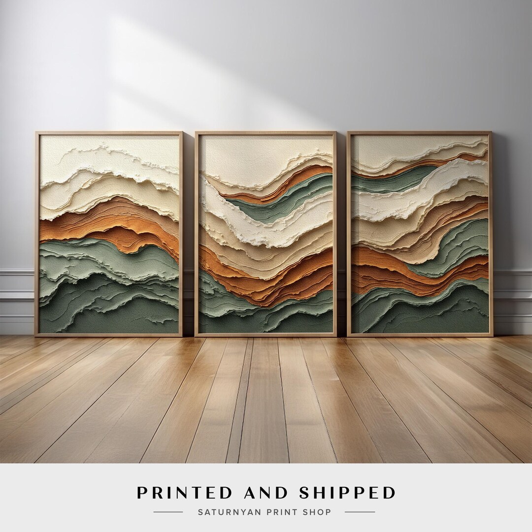 Neutral Abstract Wave Wall Art Set of 3 | Sage Green Terracotta Beige ...