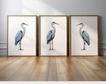 Blue Heron Bird Wall Art Set of 3 | Minimalist Coastal Canvas Prints | Elegant Water Bird Artwork for Modern or Japandi Home Decor