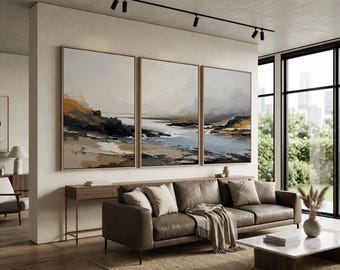 Abstract Coastal Landscape Wall Art Set of 3 | Neutral Earth Tone Triptych Canvas Print | Modern Shoreline Canvas | Minimal Ocean Decor