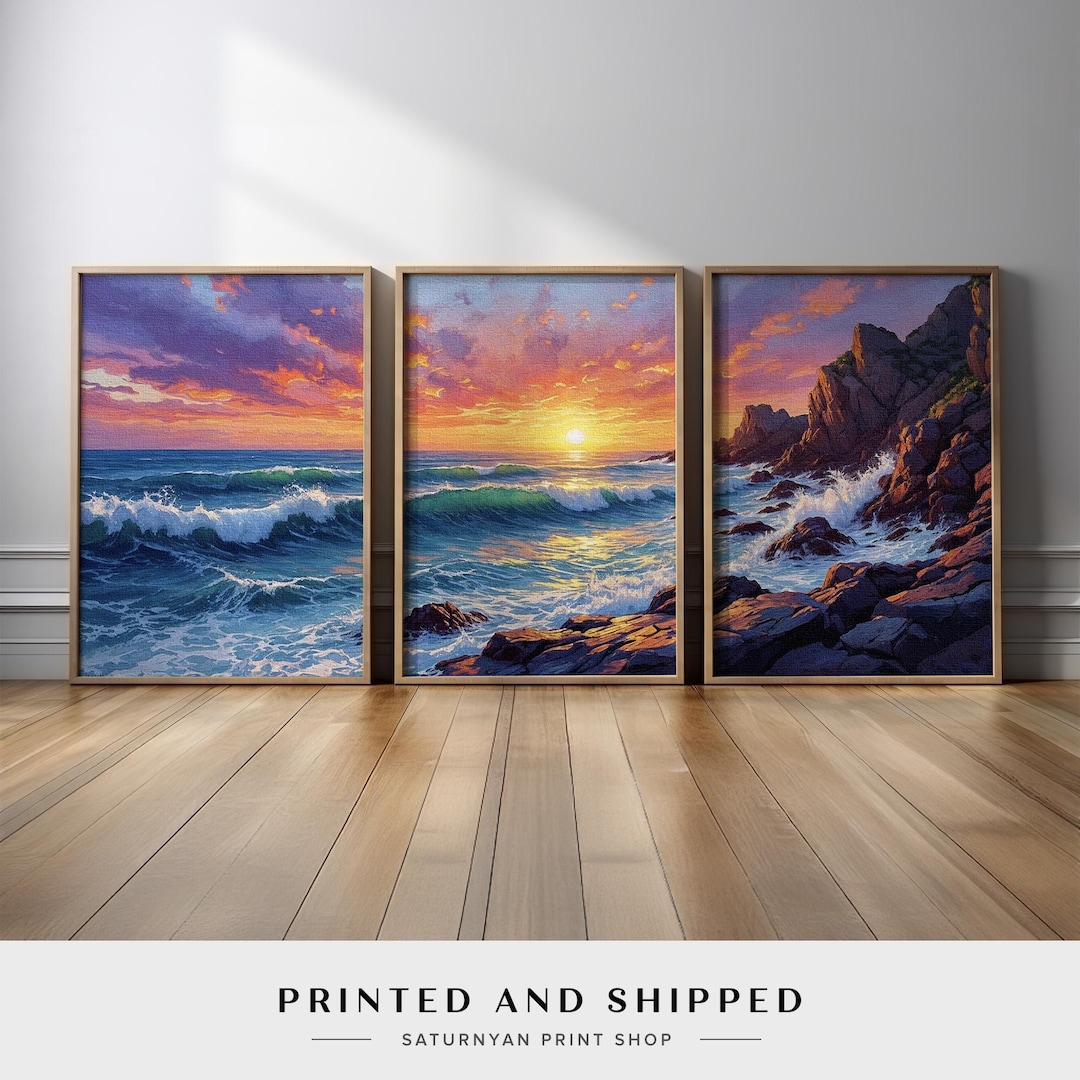 Sunset Ocean Wall Art Triptych | Coastal Seascape Canvas Prints Set of ...