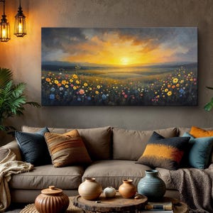 Sunset Meadow Wall Art, Wildflower Field Canvas Print, Golden Sunset Landscape Artwork, Nature-Inspired Wall Decor, Rustic Home Accent