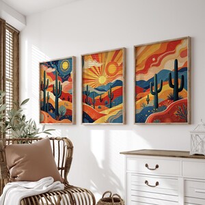 Vibrant Desert Landscape Wall Art | Cactus Sunset and Sunrise Set of 3 ...