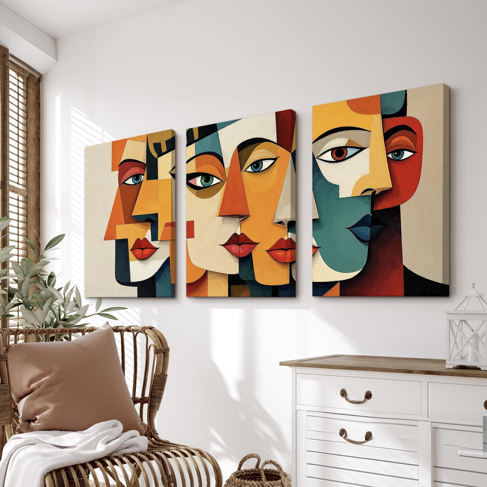 Abstract Face Wall Art Set of 3 | Modern Cubist Portrait Canvas Prints ...