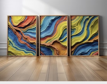Vibrant Earth Tone Canvas Prints Wall Art Set | Abstract Topo-Inspired Lines in Blue, Yellow, and Terracotta | Modern Eclectic Boho Decor