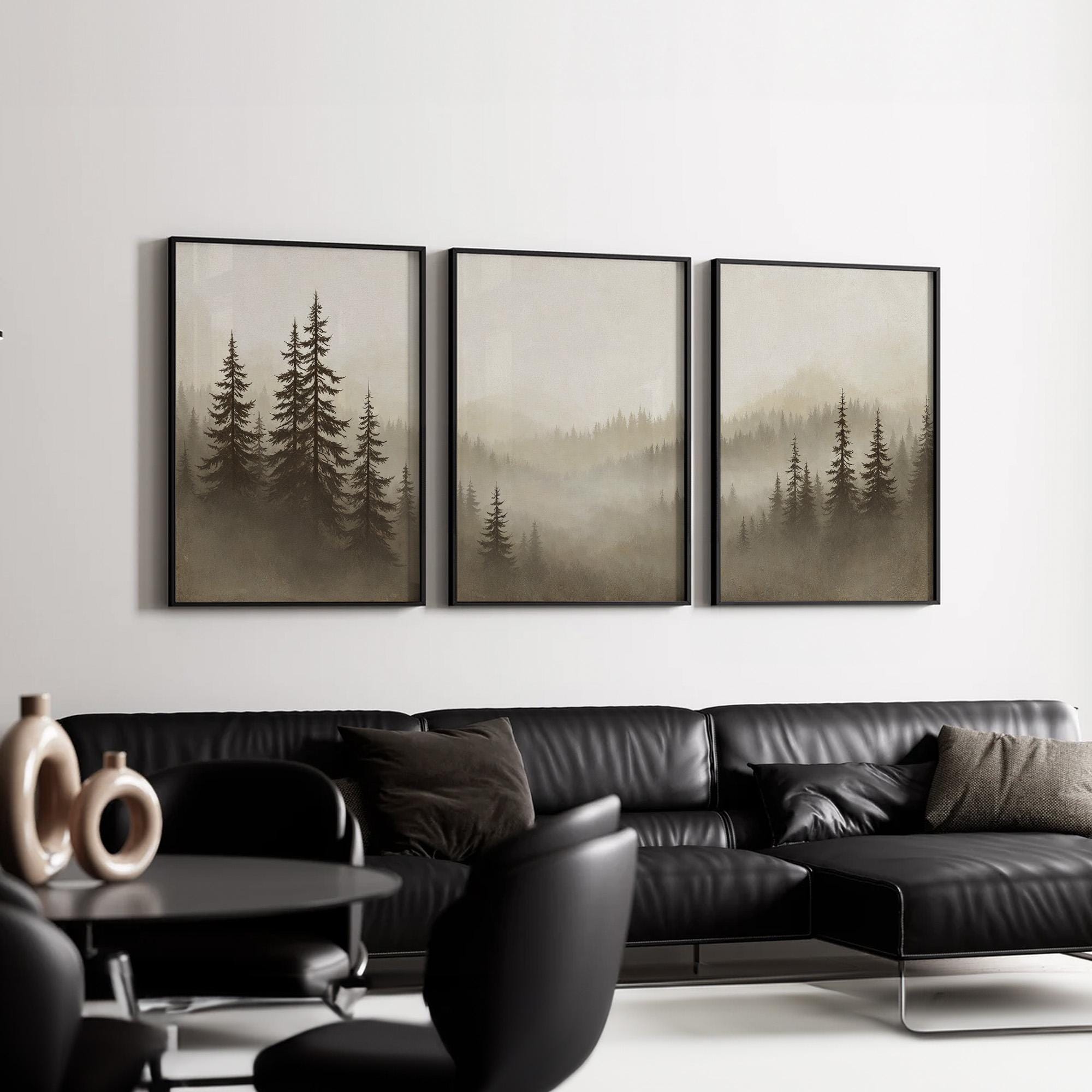 Misty Forest Wall Art Set of 3 | Neutral Pine Tree Canvas Prints in ...
