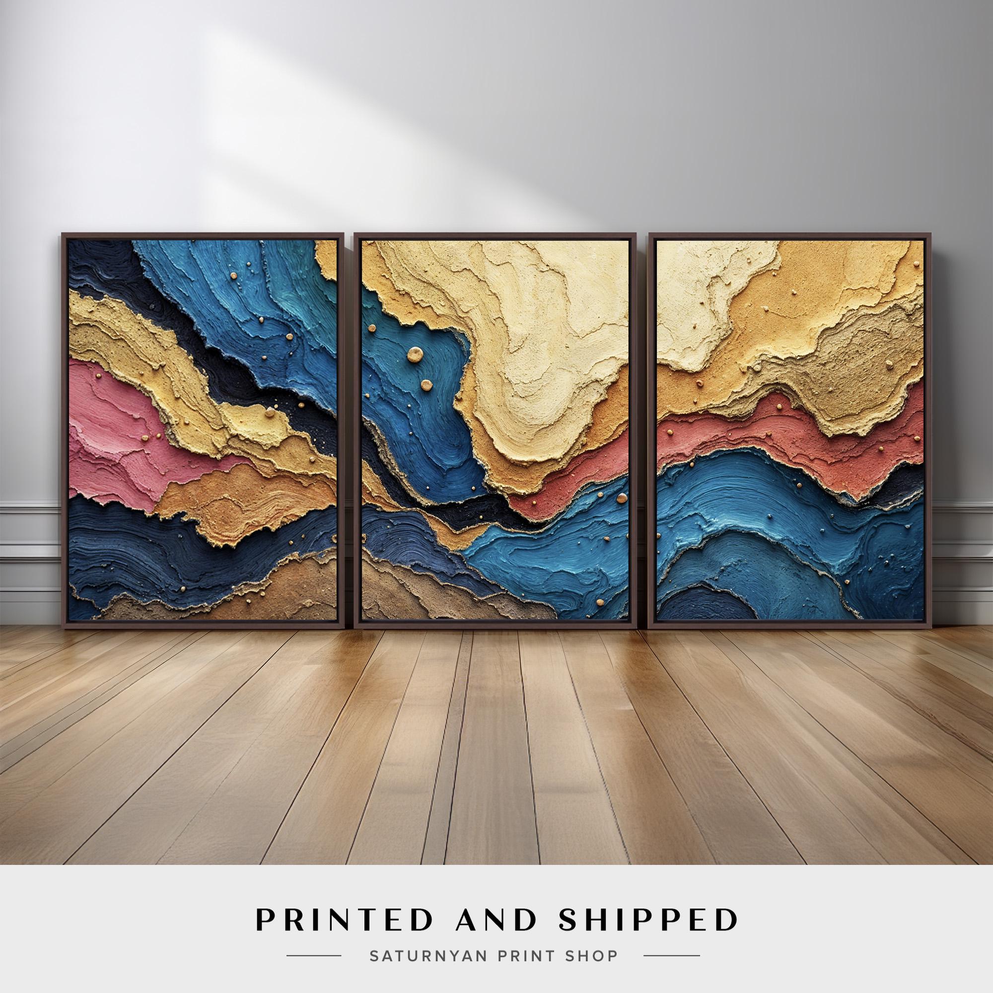 Blue and Gold Abstract Wall Art Triptych | Earth Tone Canvas Prints Set ...