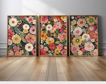 Floral Pattern Wall Art | Vibrant Set of 3 Colorful Flower Canvas Prints with Yellow, Pink, and Red Blooms for Stylish and Modern Home Decor