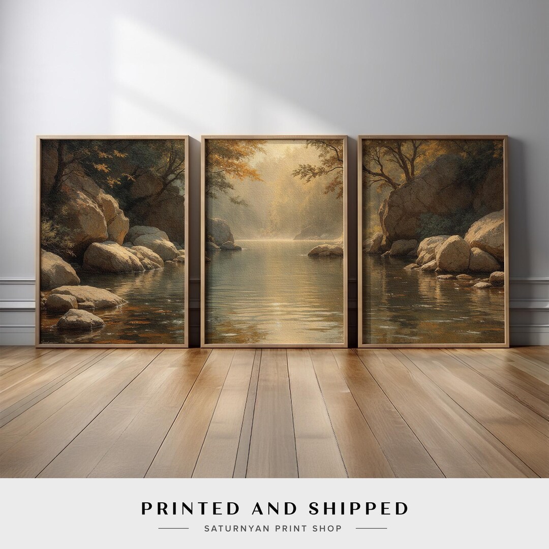 Rustic Nature Wall Art Set of 3 | Peaceful Forest River Triptych Prints ...