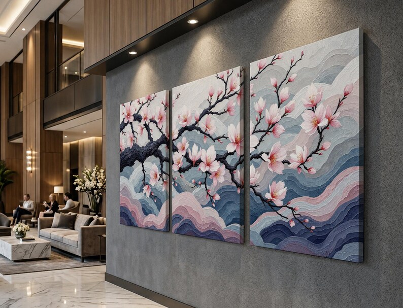 Japanese Cherry Blossom Wall Art Set, Sakura Tree Wall Decor, Elegant Floral Triptych, Zen Meditation Art, Soft Pink Nature Canvas Print bild 11