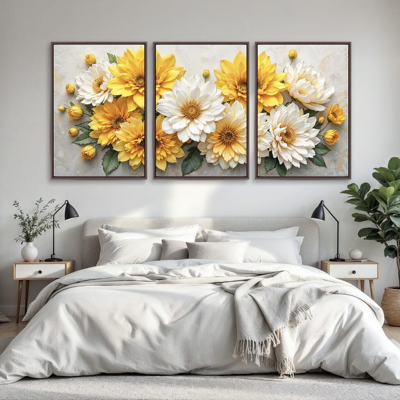 Farmhouse Floral Wall Art Triptych | Yellow Flower and White Bloom ...