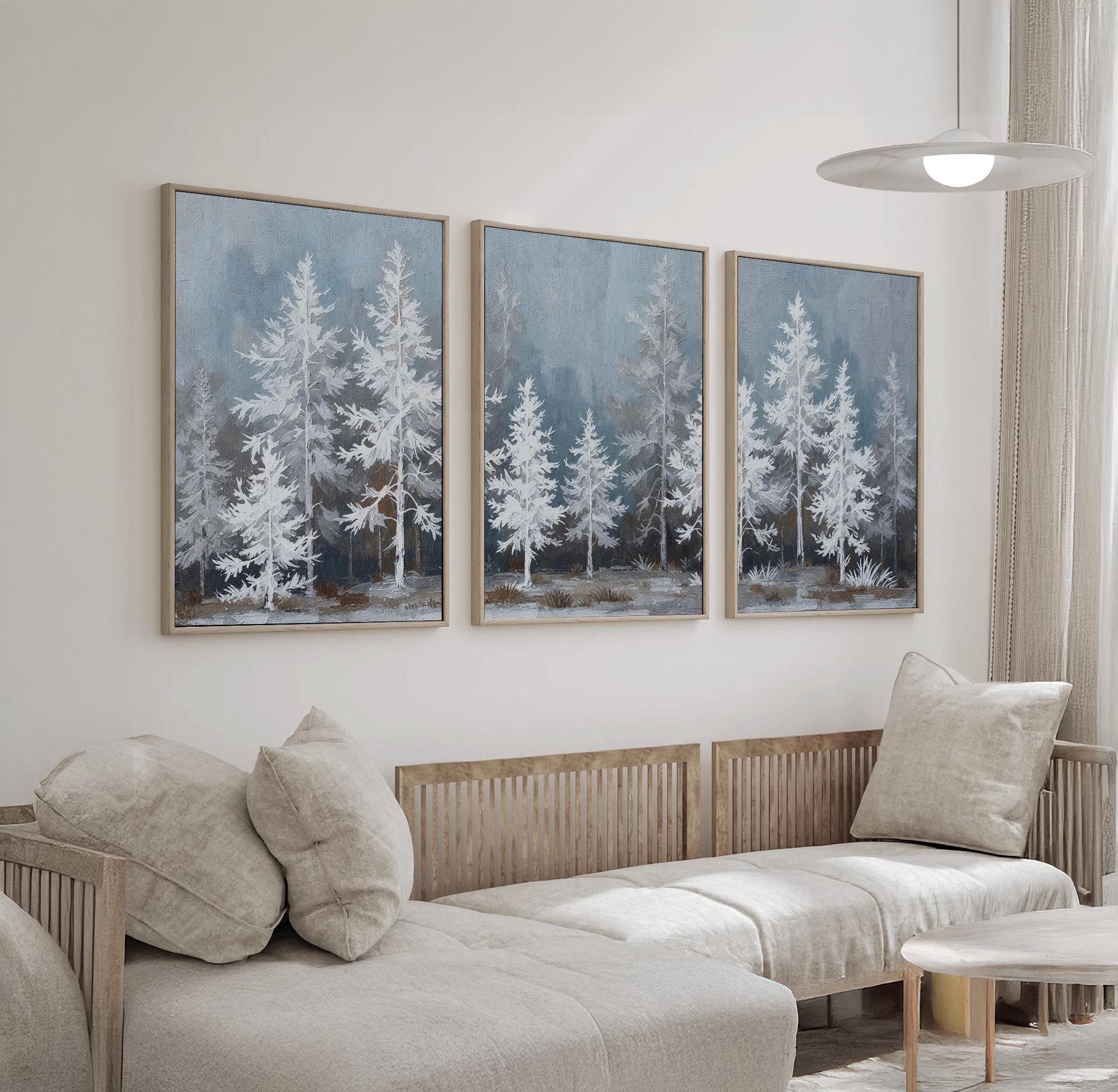 Snowy Landscape Wall Art Set of 3 | White Pine Tree Triptych Canvas ...