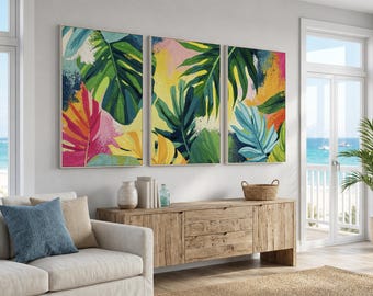 Colorful Tropical Leaves Wall Art Triptych | Vibrant Palm and