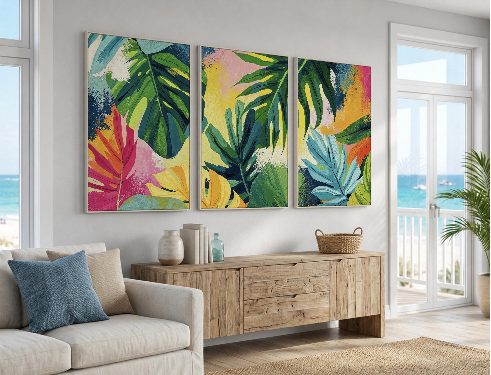 Colorful Tropical Leaves Wall Art Triptych | Vibrant Palm and