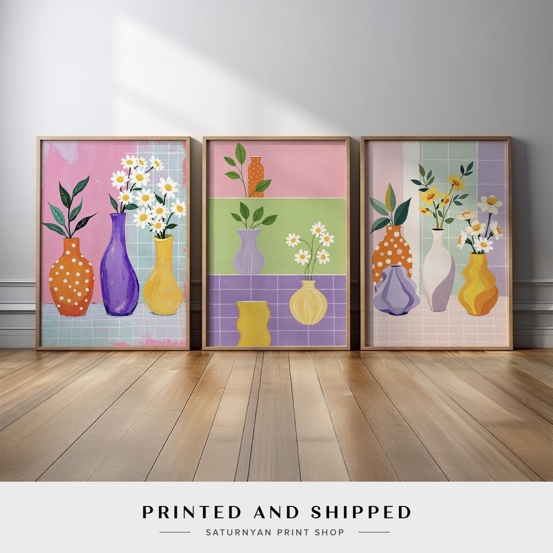 Colorful Floral Vase Wall Art Set of 3 | Modern Daisy Flower Prints for ...