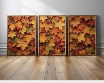 Seasonal Autumn Leaf Canvas Set of 3 | Vibrant Maple Leaf Wall Art in Fall Hues, Perfect for Thanksgiving Decor, Cozy Cabin or Country Home