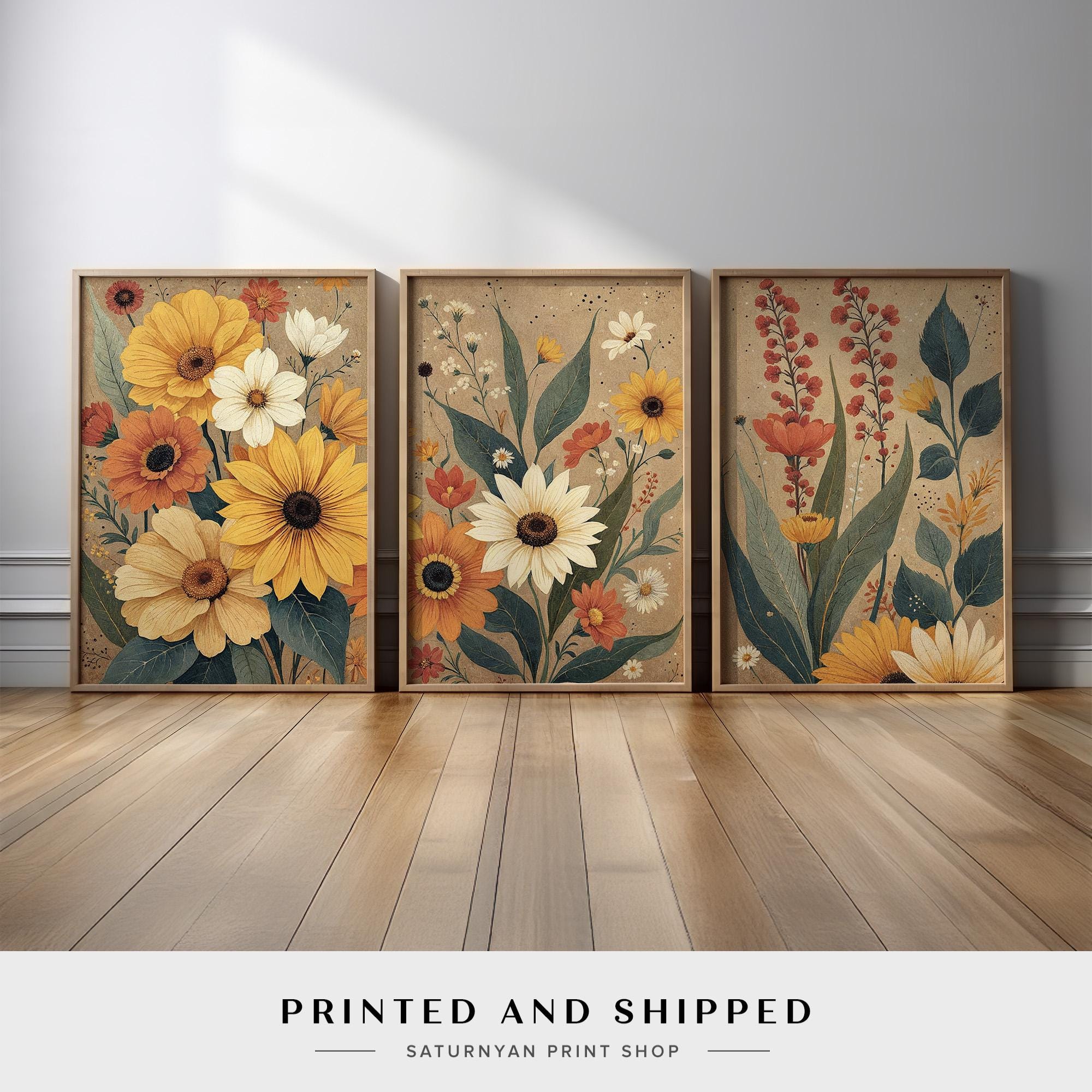 Vintage Wildflower Wall Art Set of 3, Earth Tone Botanical Prints With ...