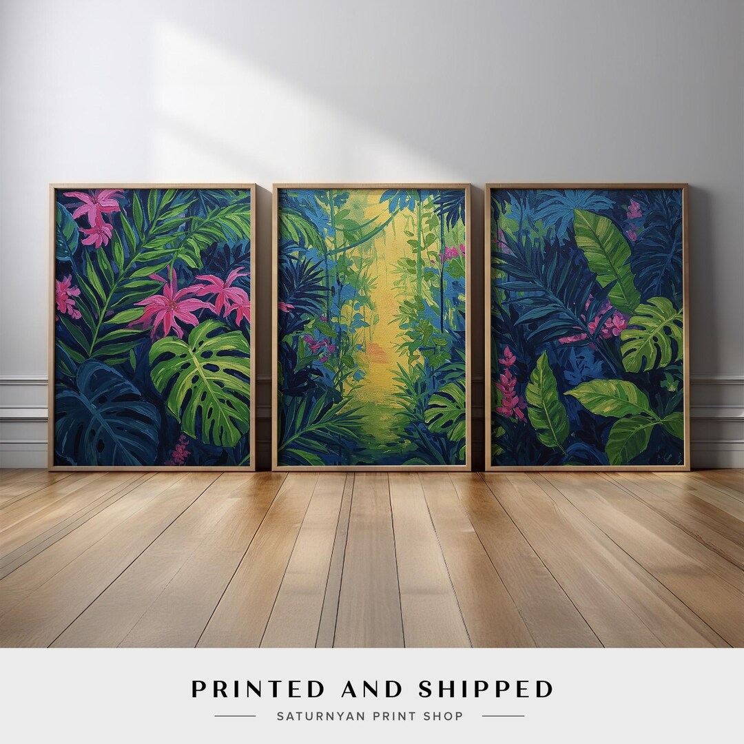 Vibrant Tropical Jungle Triptych Wall Art | Modern Lush Green Leaves ...